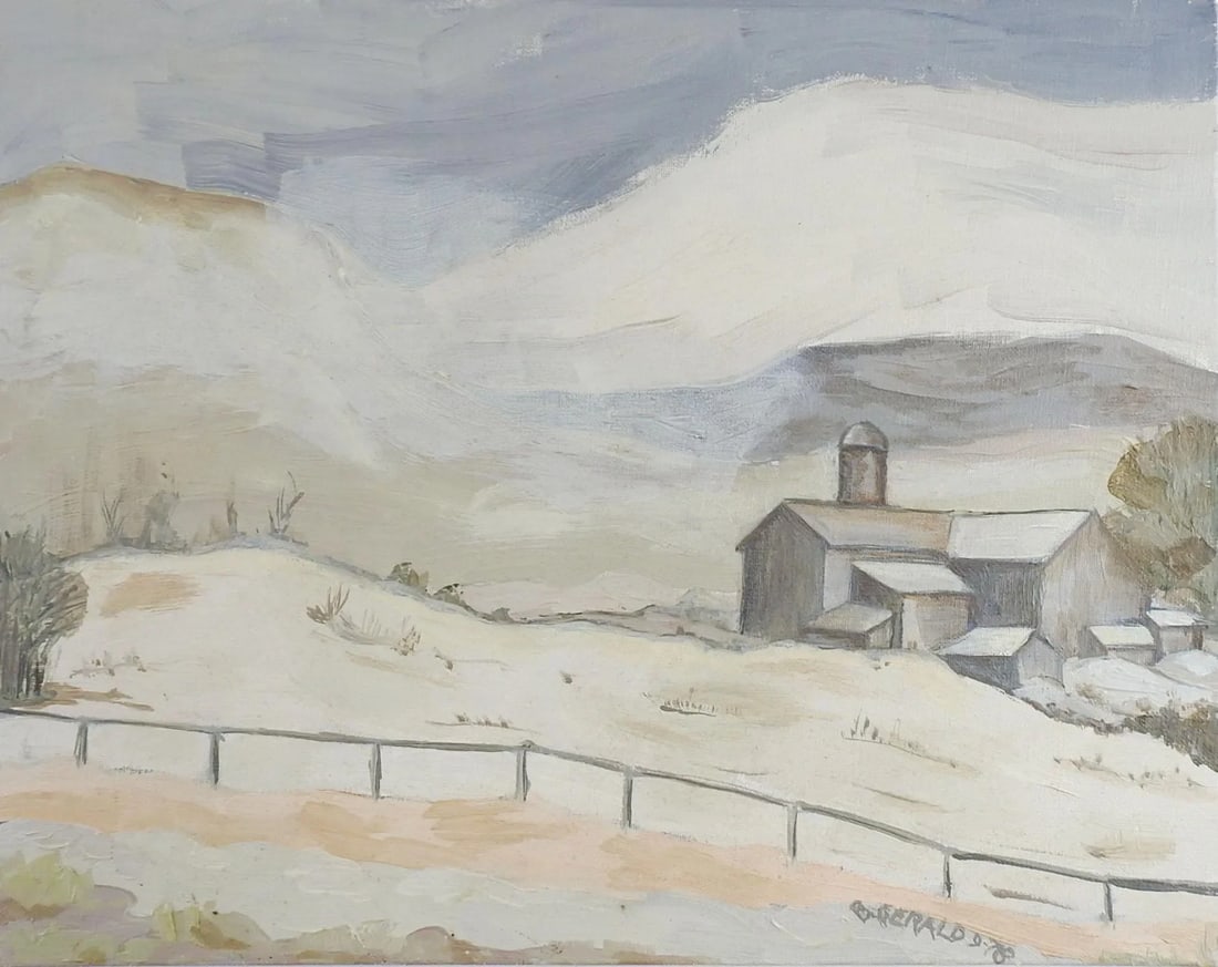 Gray Tonalist Farmhouse Landscape Painting: Oil on canvas board gray tonalist farmhouse landscape by Betty Gerald (20th Century, Texas) 1978. Signed lower right corner. Unframed. Condition: Alterations: Original Condition Unaltered Imperfection