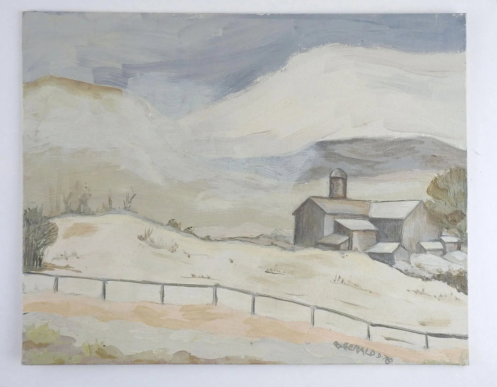 Gray Tonalist Farmhouse Landscape Painting - 2