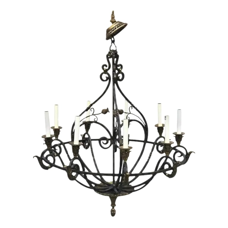 Late 20th Century Neoclassical Wrought Iron & Brass Orb 8-Light Chandelier, by Maitland Smith (1 of 7)