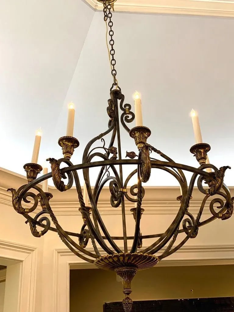 Late 20th Century Neoclassical Wrought Iron & Brass Orb 8-Light Chandelier, by Maitland Smith - 2