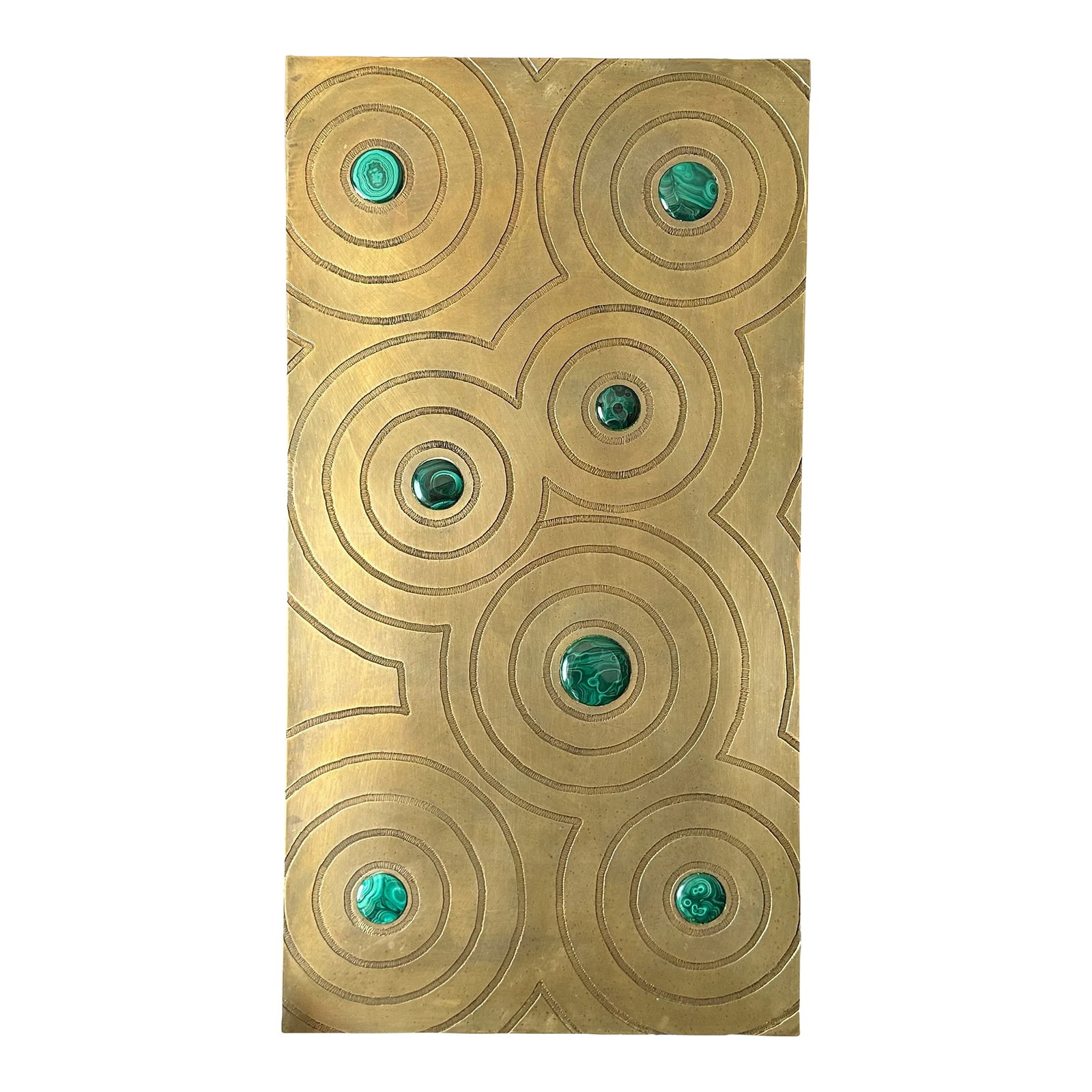 Engraved Brass and Malachite Wall Sculpture: Engraved brass and solid malachite cobochon wall hanging sculpture / artwork in the style of Jean Claude Dresse. Condition: Alterations: Original Condition Unaltered Imperfections: Some Imperfections