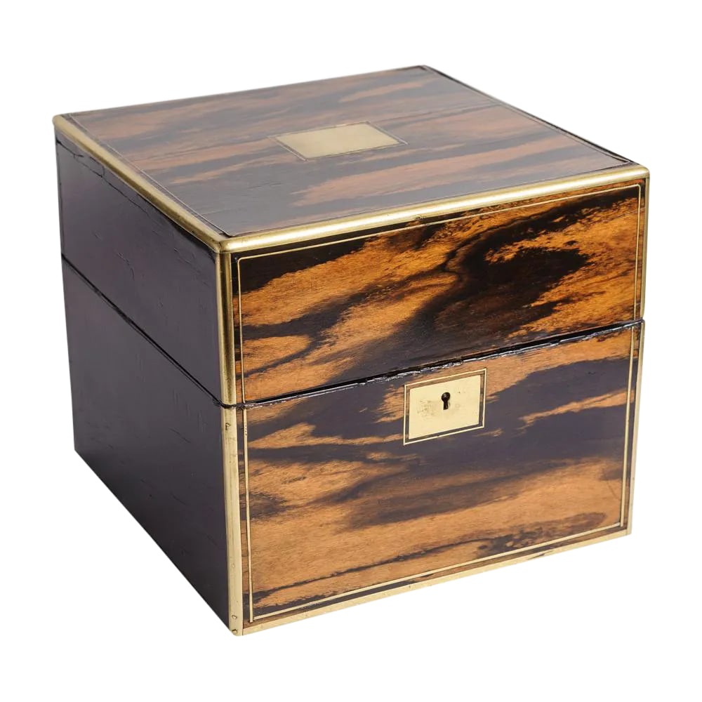 Antique English Rosewood Cellarette Box: English coromandel wood, cellarette box with brass inlay and a divide velvet interior for decanters. C.1840 This item includes restricted materials and can not be sold outside of the contiguous United