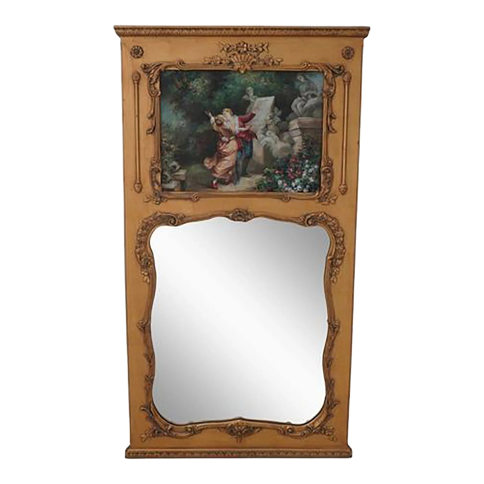 French Louis XV Trumeau Style Gold Mirror: Age: Approx: 30 Years Old Details: Hand Painted & Signed Oil Painting On Canvas Top Panel French Style Possibly Italian Made Condition: Excellent Original Finish & Condition Size: 36w x 2.5d x 65h