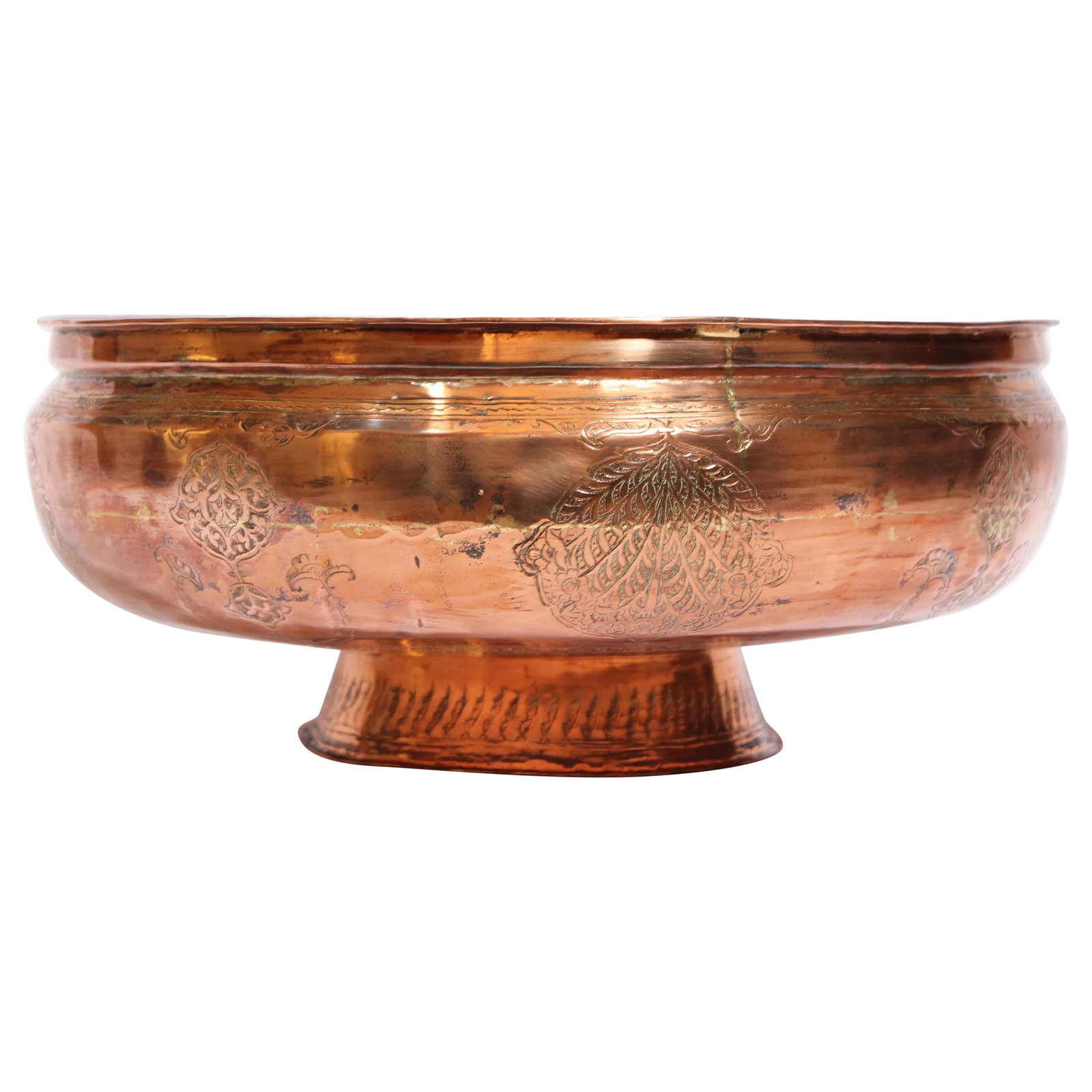 19th Century Middle Eastern Footed Tinned Copper Qajar Bowl: A footed tinned copper Qajar basin. Middle Eastern Islamic Persian red copper bowl, of compressed hemispherical shape, resting on a splayed conical foot, with slightly everted rim, finely hand-etched,