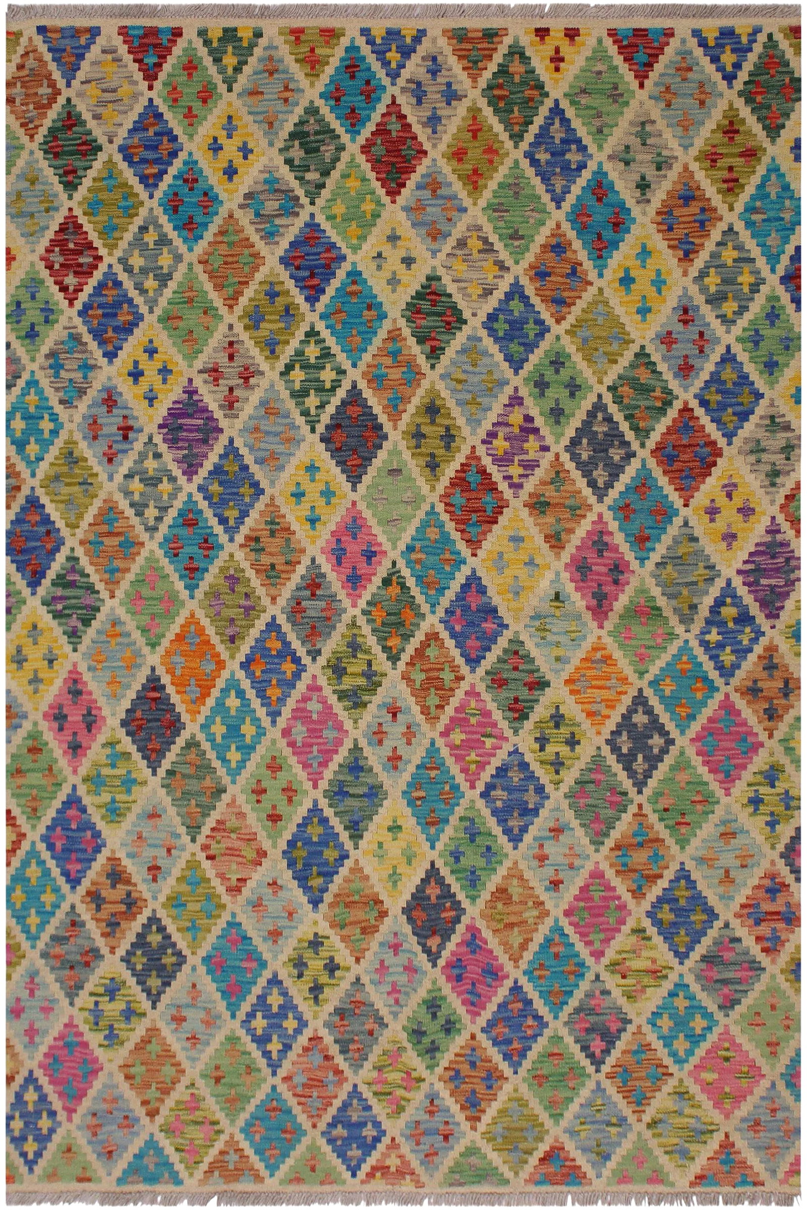 Abstract Tribal Hand-Woven Kilim Wool Rug -5'5'' * 6'7'': Add a touch of elegance to your home with this casual chic hand woven tribal Kilim wool rug. Constructed on a loom by nomad Turkman people with hand spun wool and 100% natural vegetable dyes this beau