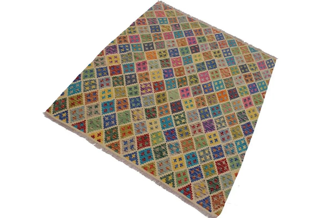 Abstract Tribal Hand-Woven Kilim Wool Rug -5'5'' * 6'7'' - 2