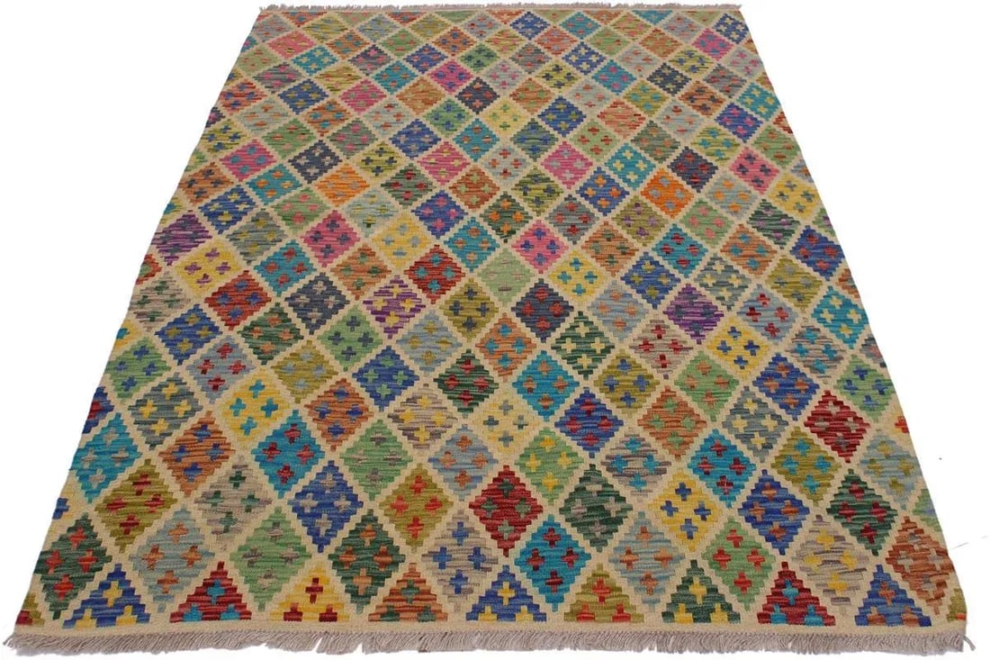 Abstract Tribal Hand-Woven Kilim Wool Rug -5'5'' * 6'7'' - 5