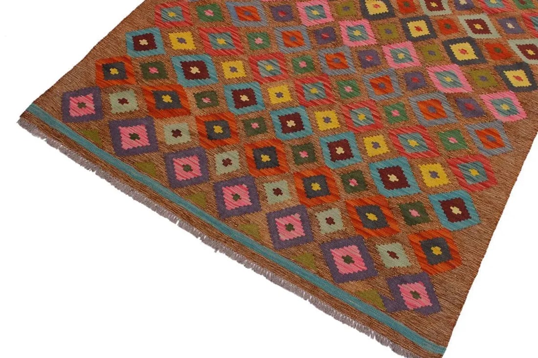 Geometric Tribal Turkish Brown Hand-Woven Wool Kilim - 5' * 6'4'' - 2