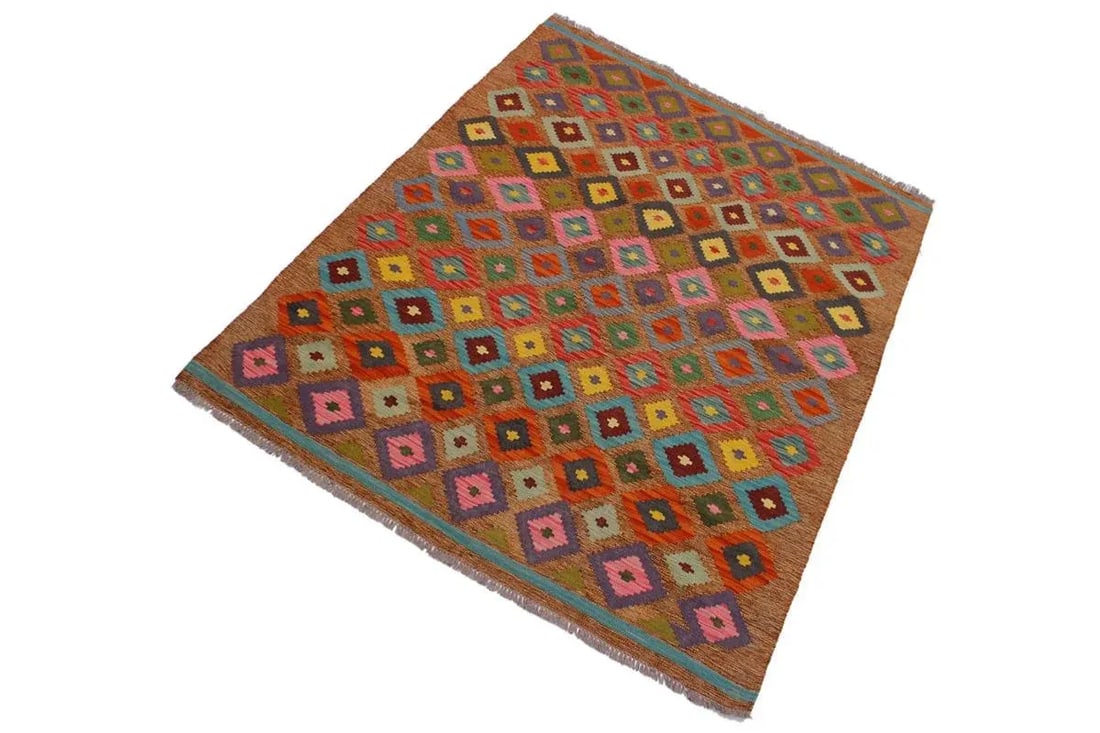 Geometric Tribal Turkish Brown Hand-Woven Wool Kilim - 5' * 6'4'' - 3