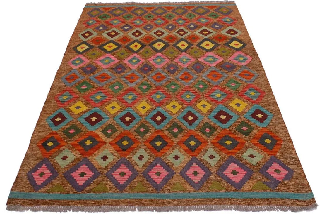 Geometric Tribal Turkish Brown Hand-Woven Wool Kilim - 5' * 6'4'' - 5