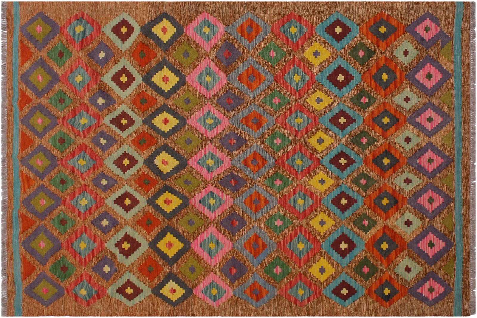 Geometric Tribal Turkish Brown Hand-Woven Wool Kilim - 5' * 6'4'' - 8