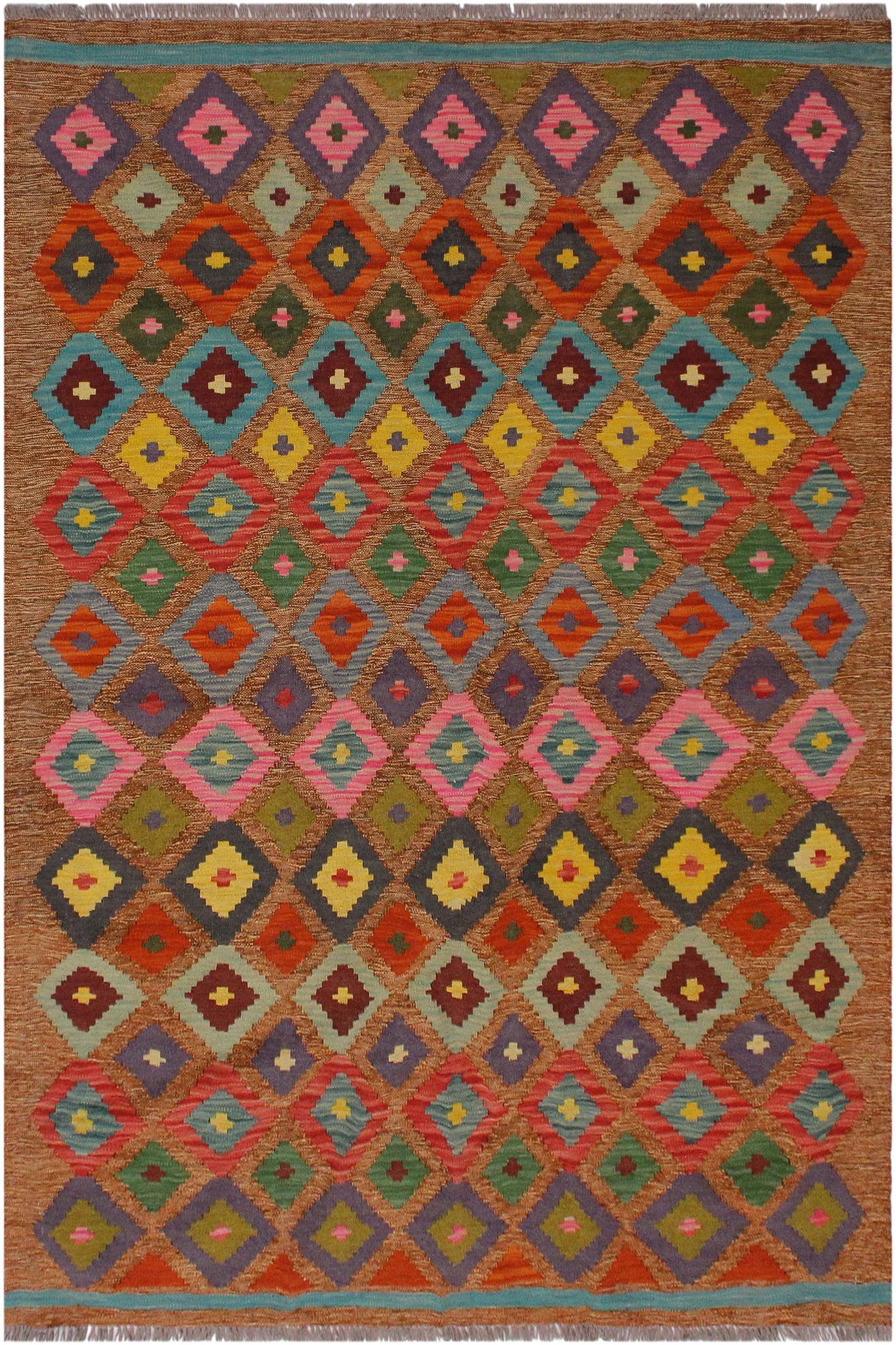Geometric Tribal Turkish Brown Hand-Woven Wool Kilim - 5' * 6'4'' - 9