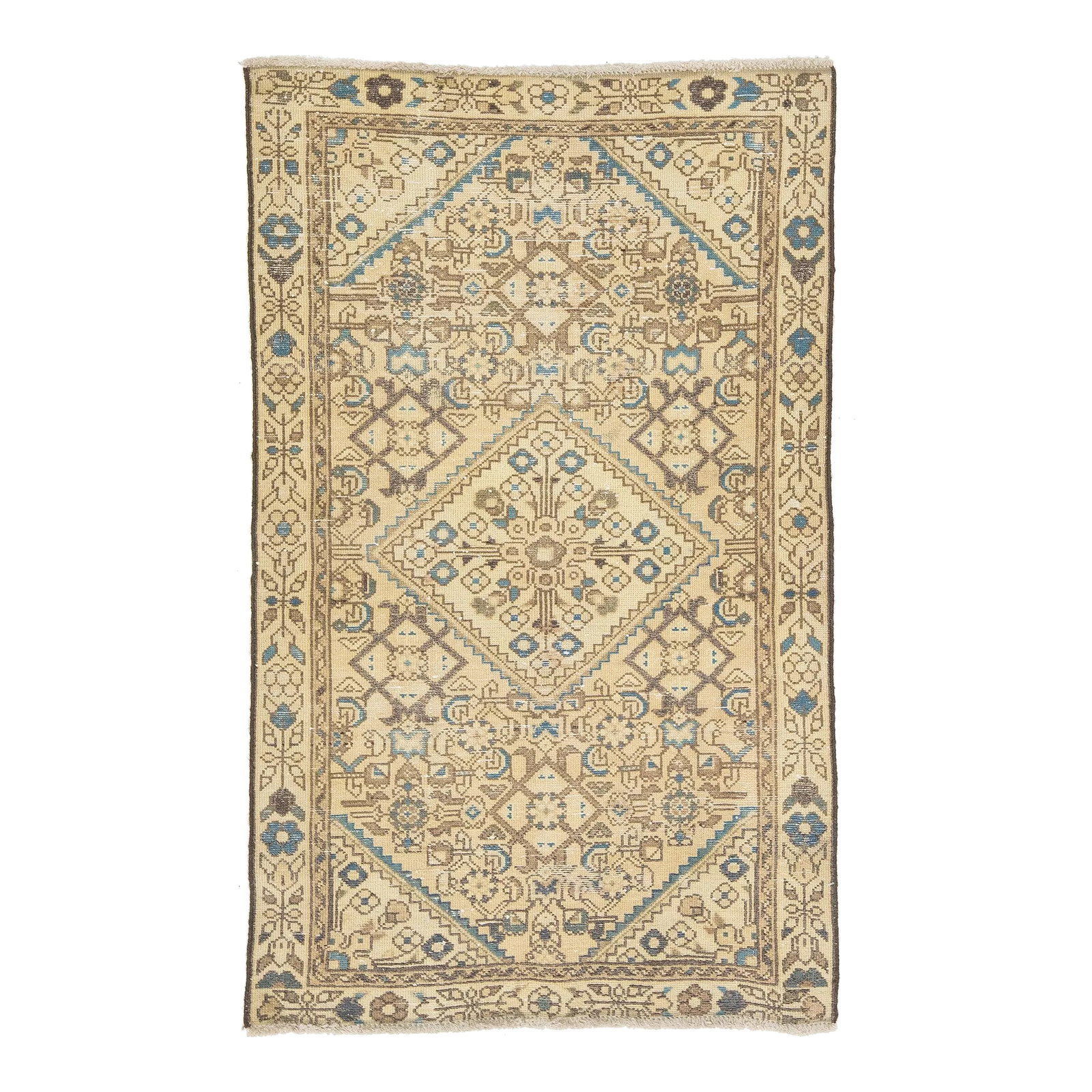 Vintage Persian Beige Wool Rug With Allover Design: This vintage hand-knotted Persian rug has a beige field with accents in blue and brown throughout the design. This rug measures 2'6'' x 4'1''. Condition: Alterations: Original Condition Unaltered Impe