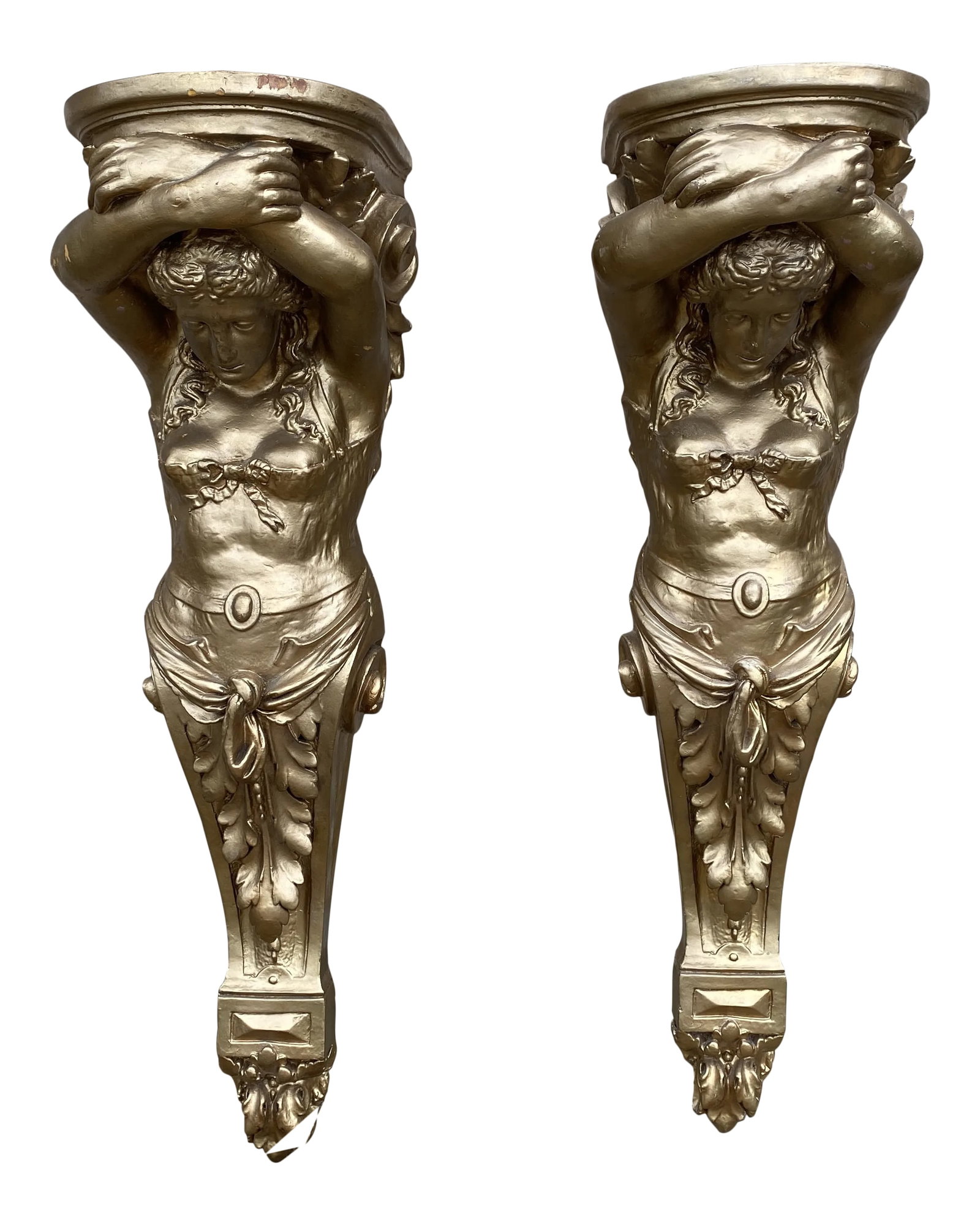 Lifesize 4 Foot 1970s Oversized Gold Lady Sconces: Stunning pair of extra large gilded sconces. Would be extravagant at any entryway alone or to hold large candles or plants. Perfect for the interior designer. Would bring grandeur to any space.