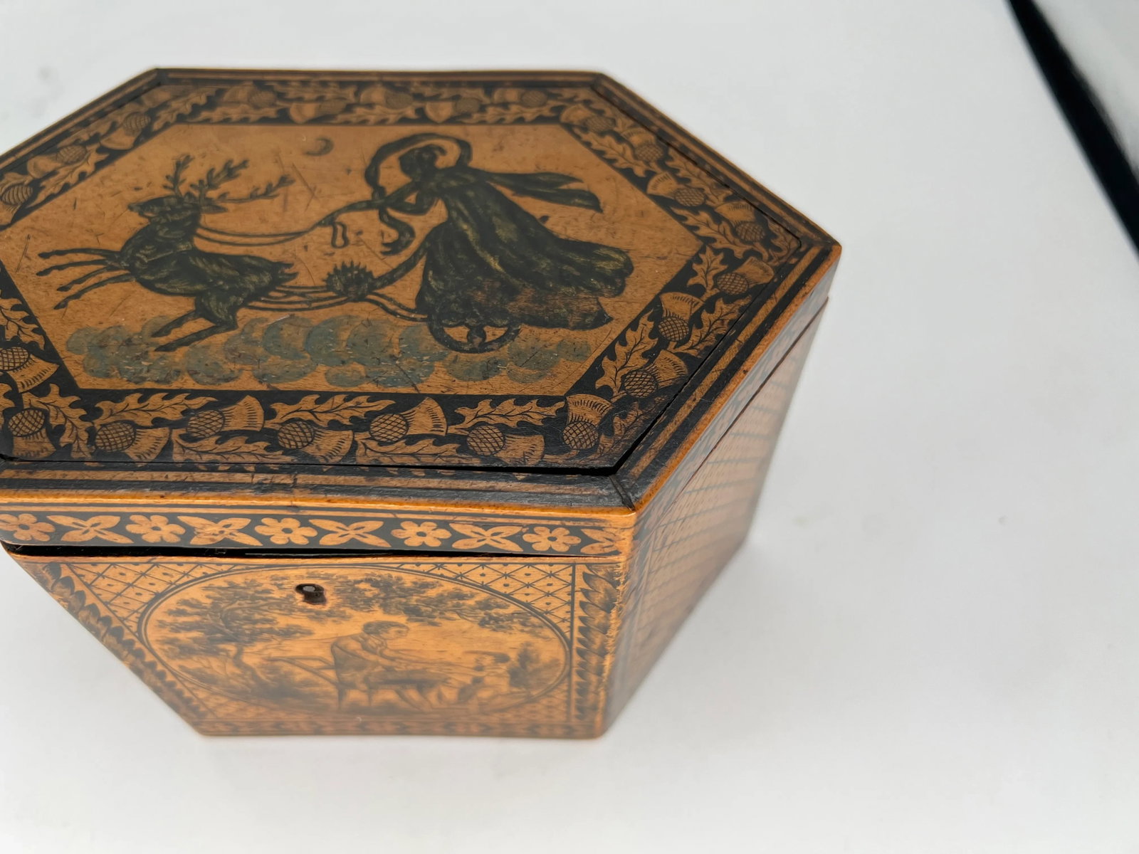 C. 1870 Antique English Tunbridge Ware & Penwork Regency Tea Caddy Box - 11