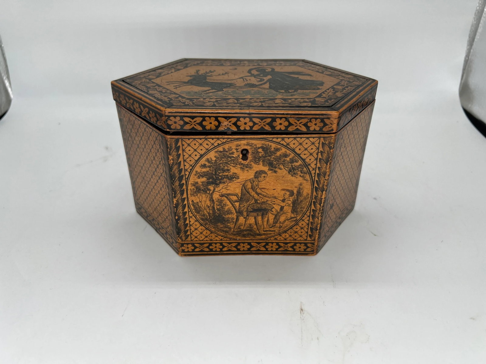 C. 1870 Antique English Tunbridge Ware & Penwork Regency Tea Caddy Box - 4