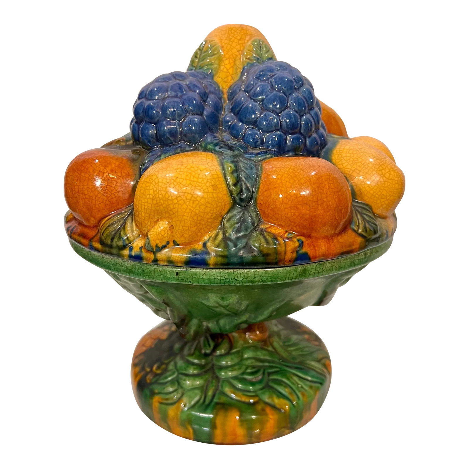 Vintage Majolica Style Fruit Stacked Lidded Bowl / Catchall: This vintage Majolica Style Fruit Stacked Lidded Bowl/Catchall Decor by CBK is a delightful piece that will add a pop of color and charm to your home. The bowl features a beautiful fruit basket