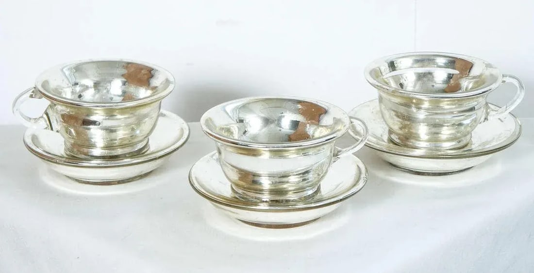 Mercury Glass Cups And Saucers - Service for 3 - 2