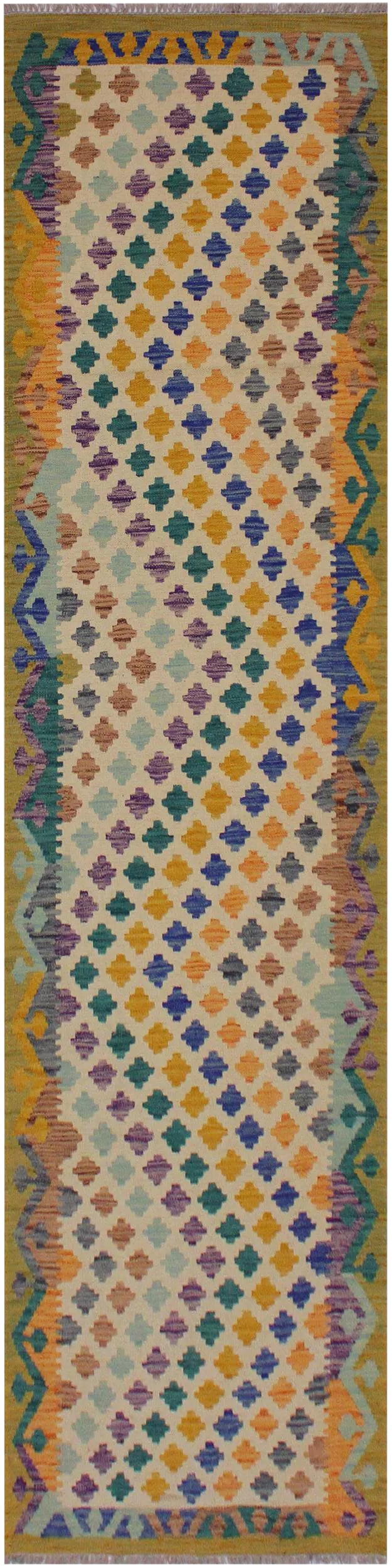 1990s Abstract Hand-Woven Kilim Wool Runner - 2'11'' * 9'7'': Add a touch of elegance to your home with this casual chic hand woven Tribal Kilim wool rug. Constructed on a loom by Nomad Turkman people with hand spun wool and 100% Natural Vegetable dyes these bea