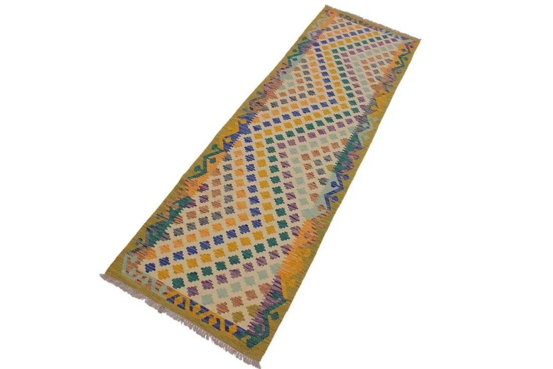 1990s Abstract Hand-Woven Kilim Wool Runner - 2'11'' * 9'7'' - 2