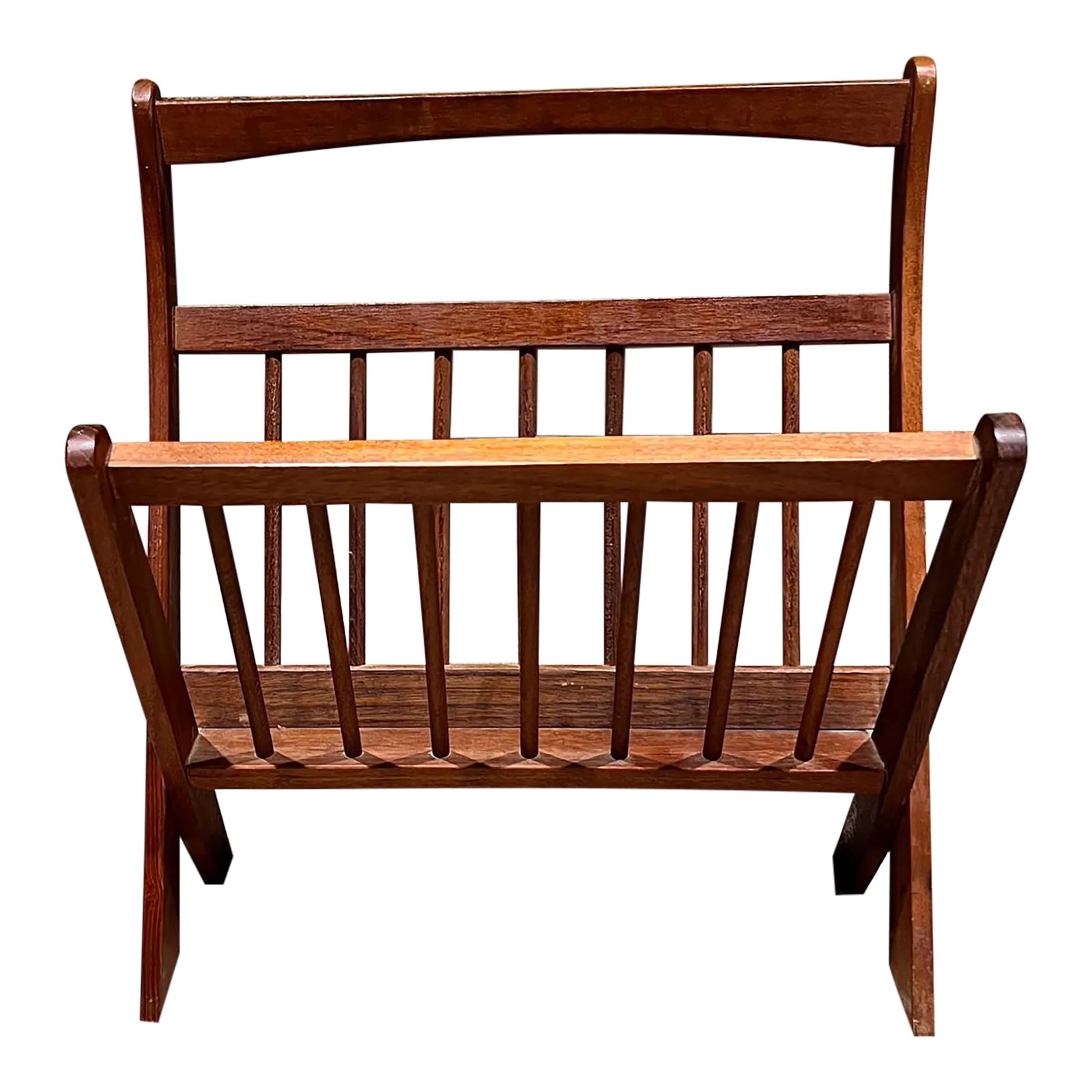 Sculptural Teakwood Magazine Rack Ernest Sohn for Etco Danish Mid-Century Modern: For your consideration, a vintage 1960s Danish Mid-Century Modern folding teak magazine rack, designed by American designer Ernest Sohn for ETCO. Solid teak wood finished with a warm, rich tone.Design