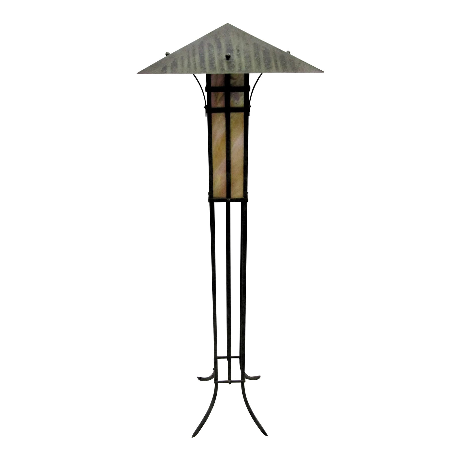 1970s Craftsman Mission Style Metal and Mica Torchier Floor Lamp: Craftsman Mission Metal and Mica Torchier Floor Lamp This floor lamp offers a soft outward glow. Has an inline foot switch. Measures shade 17" square, base 11" square" and 56 1/2" tall. Weighs 19