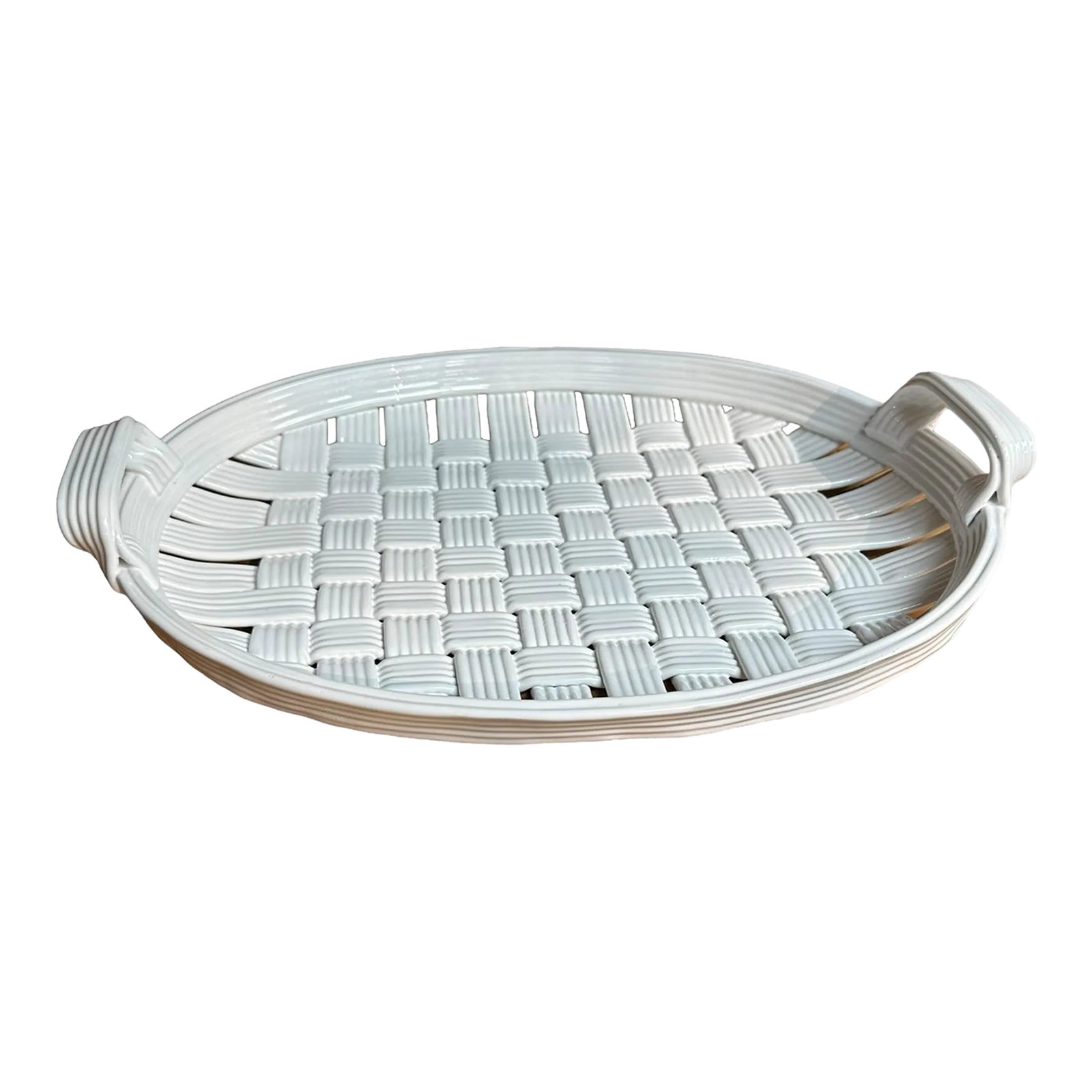 White Ceramic Basketweave Woven Tray: Versatile ceramic woven platter or shallow bowl in attractive basketweave pattern. Classic white lends to alltablescaped from modern to traditional. Fruit centerpiece, present pastries for coffee and 