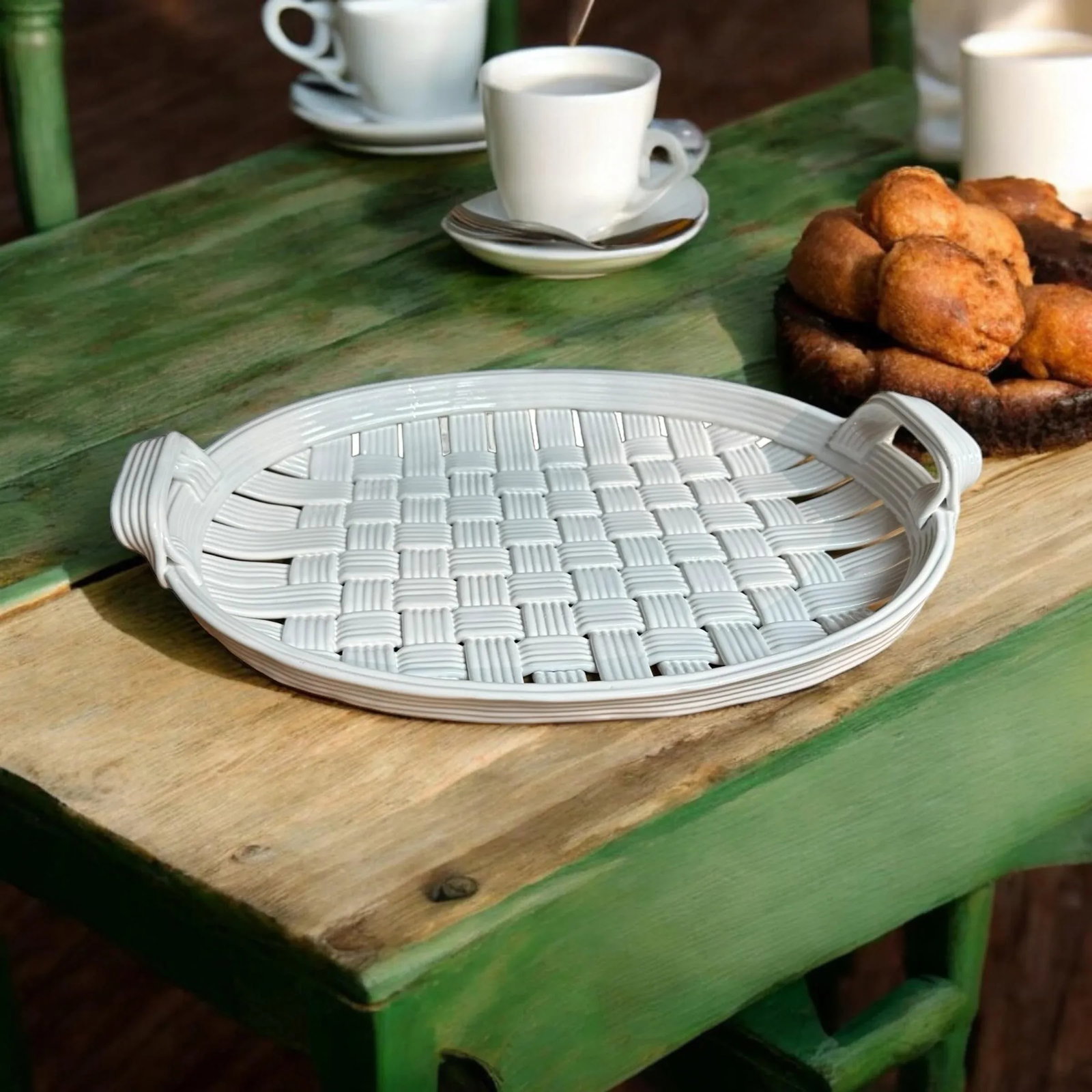 White Ceramic Basketweave Woven Tray - 2
