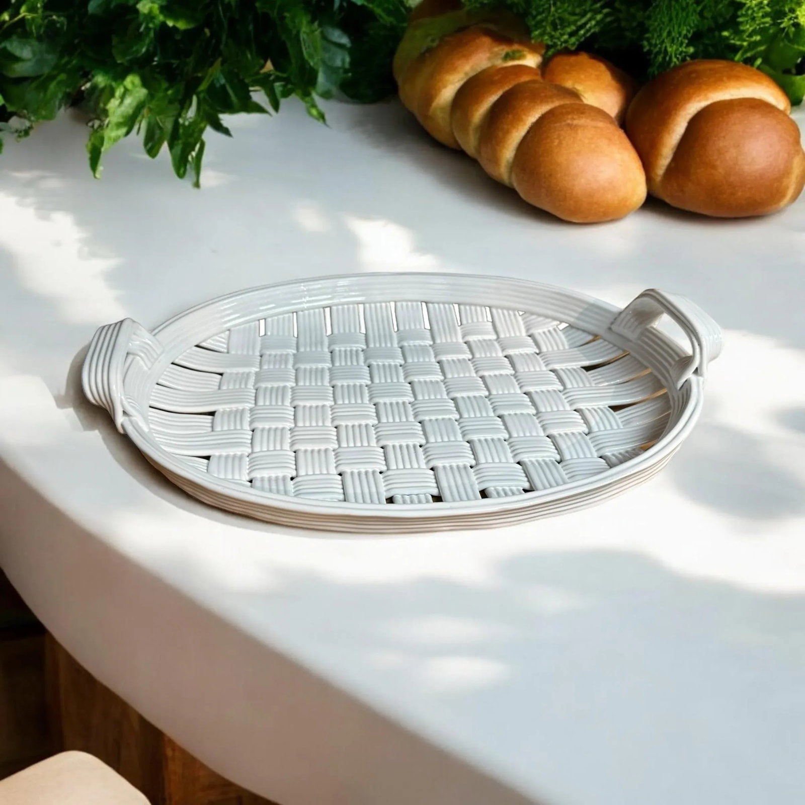 White Ceramic Basketweave Woven Tray - 6