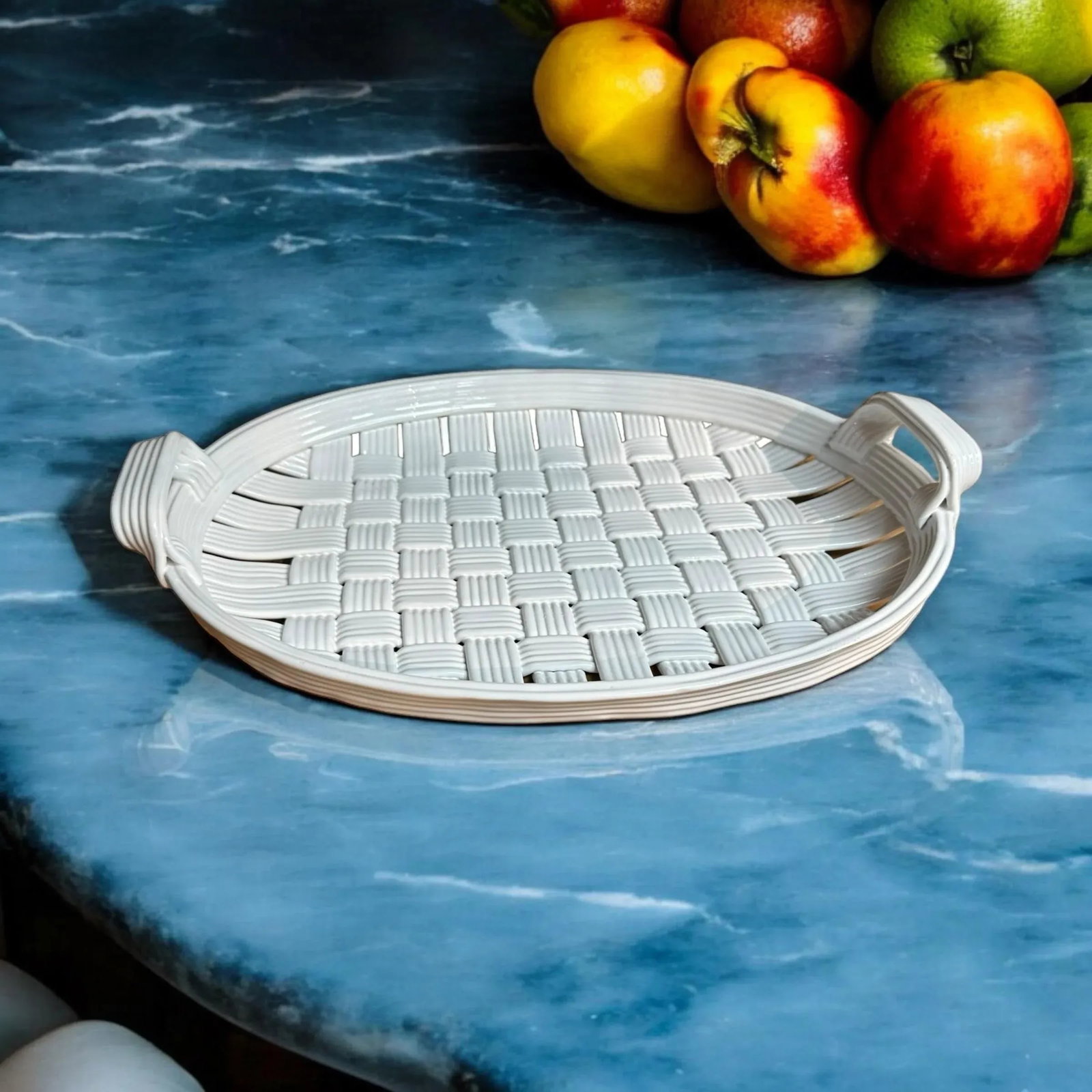 White Ceramic Basketweave Woven Tray - 9