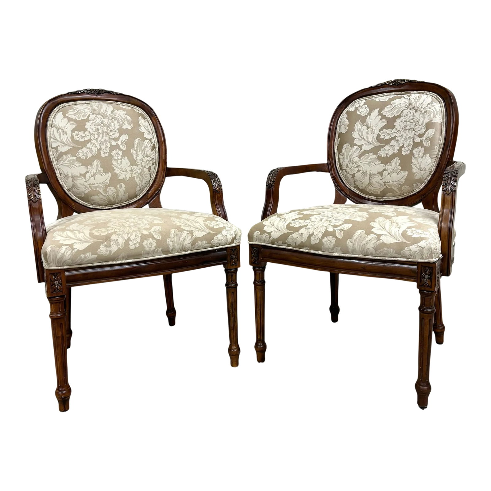 Vintage Dongguan French Louis XVI Style Armchairs or Bergere Chairs - Pair: This is a stunning pair of vintage French Louis XVI style arm chairs or Bergere chairs with beautiful carvings by Dongguan. They feature beautiful backrests, tapered and fluted legs, carved and comfor