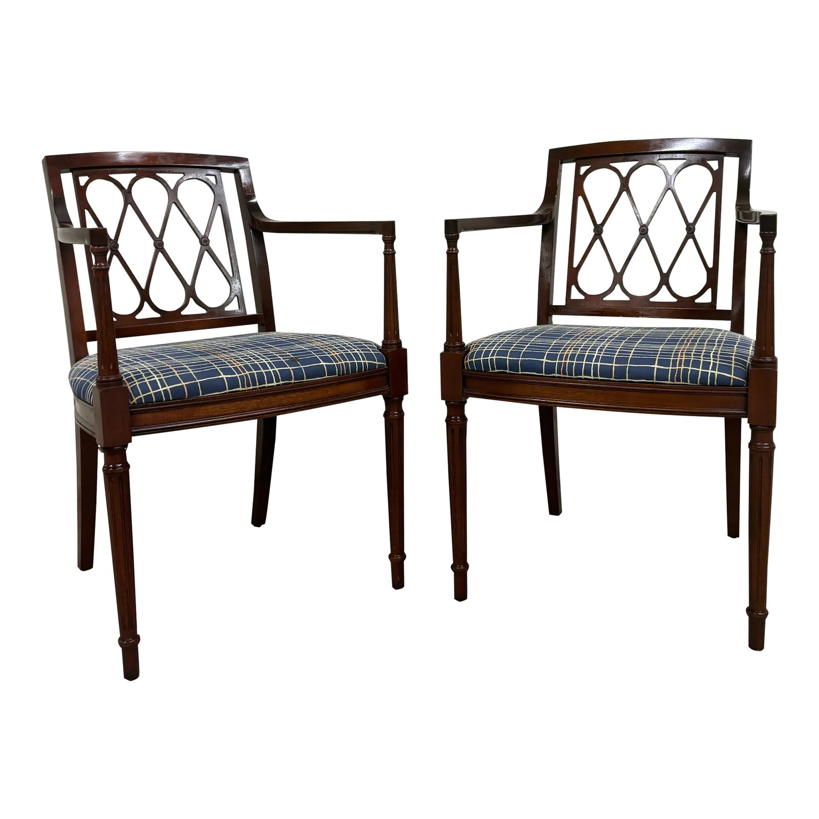 Vintage Regency Style Lady Emily Dining Armchairs - Pair: This is a stunning pair of vintage Regency style armchairs with fluted legs and uprights and unique back splats, in the Lady Emily style. Solid, with minor cosmetic imperfections consistent with age. 