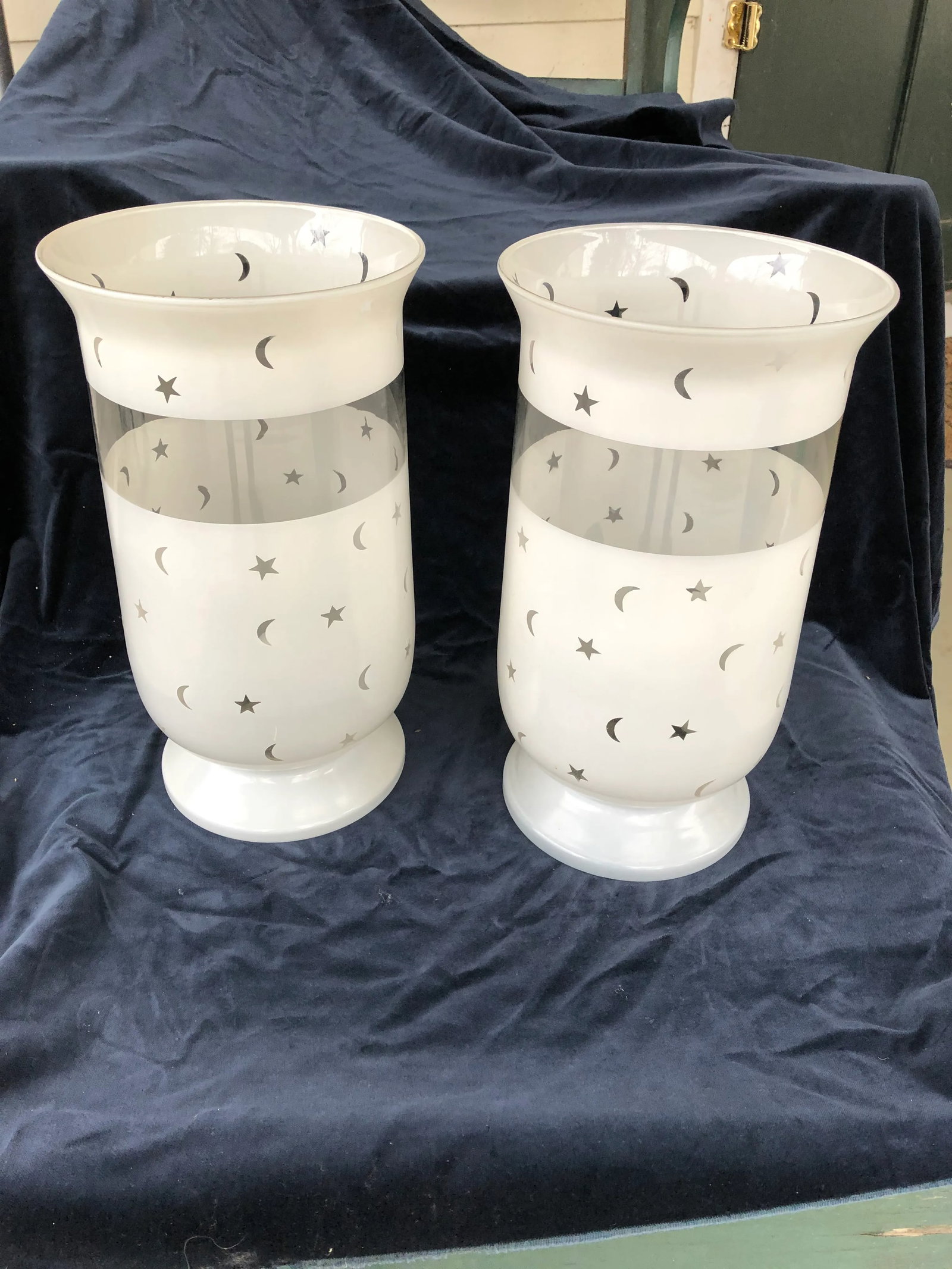Moon & Stars Decorated Large Scale Frosted Glass Hurricane Shades - A Pair - 2