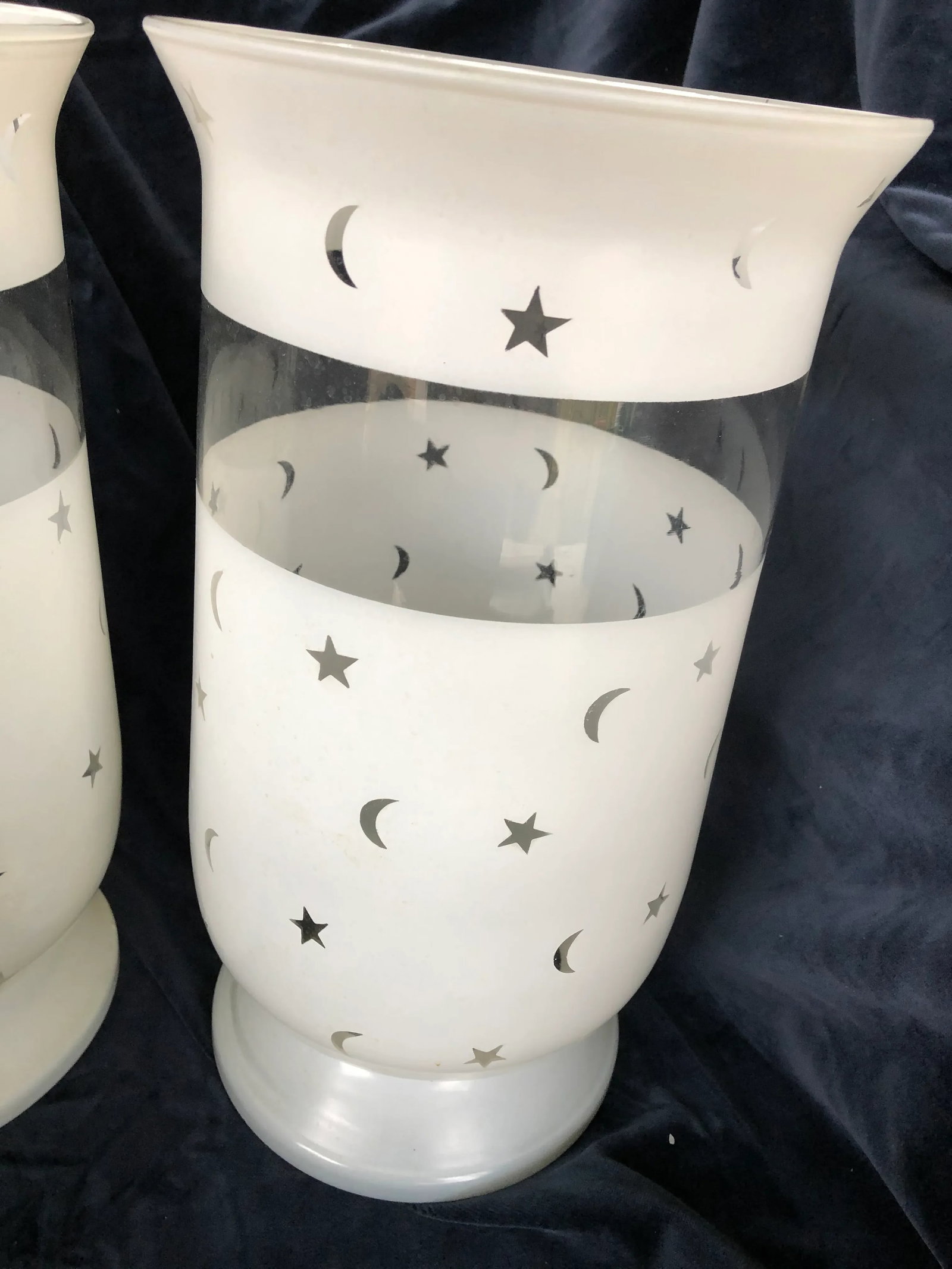Moon & Stars Decorated Large Scale Frosted Glass Hurricane Shades - A Pair - 3