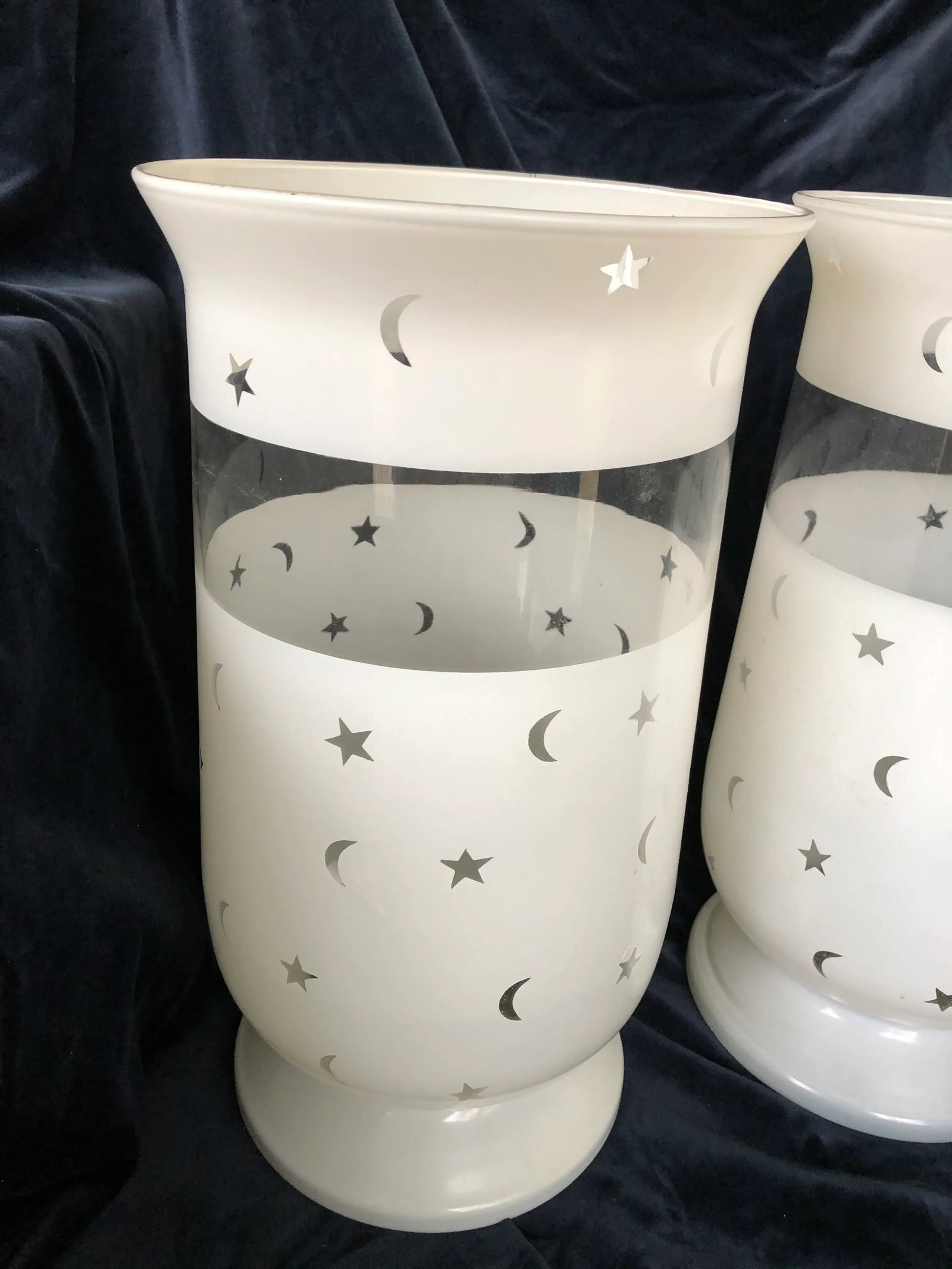 Moon & Stars Decorated Large Scale Frosted Glass Hurricane Shades - A Pair - 6