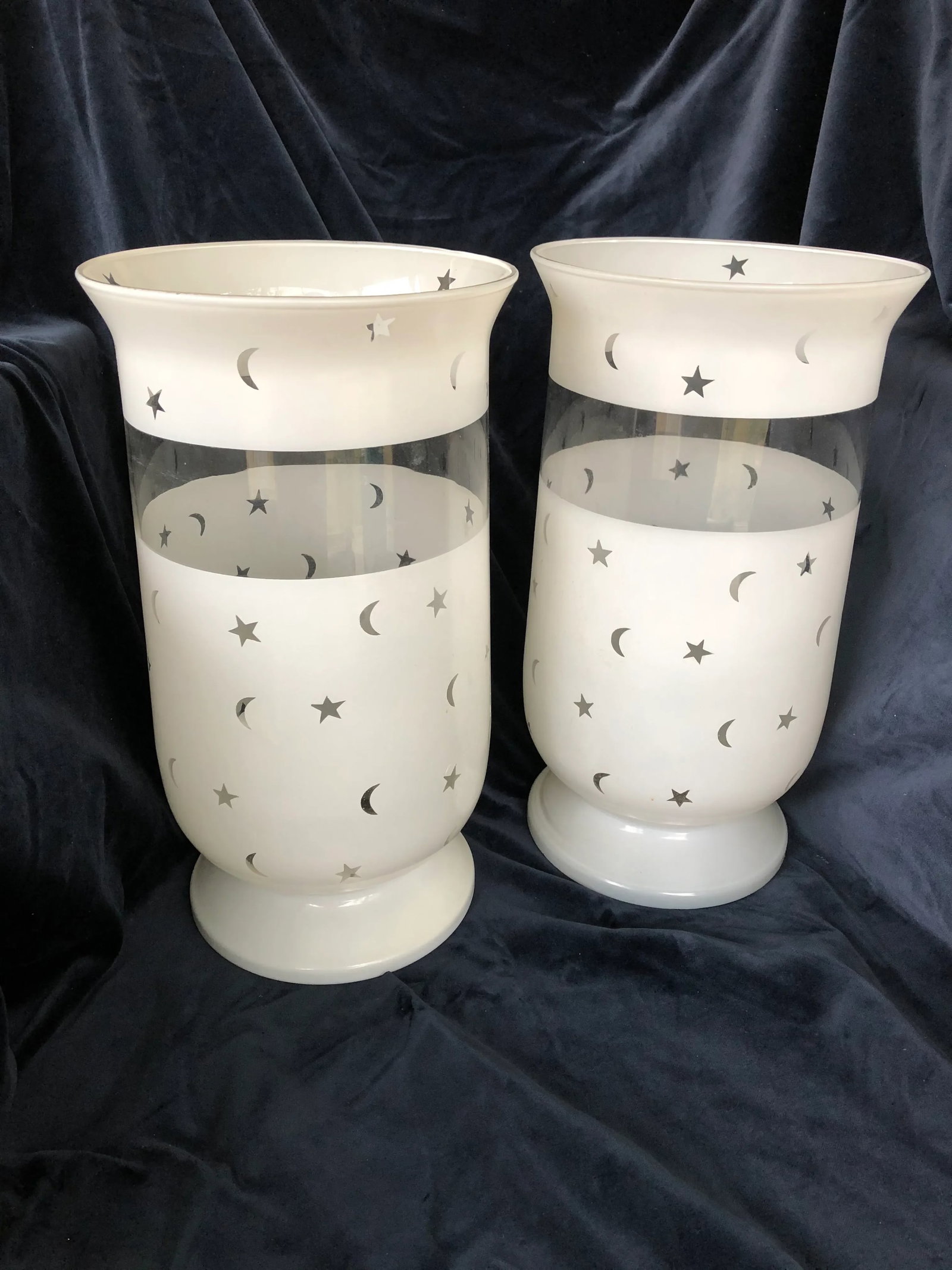 Moon & Stars Decorated Large Scale Frosted Glass Hurricane Shades - A Pair - 7