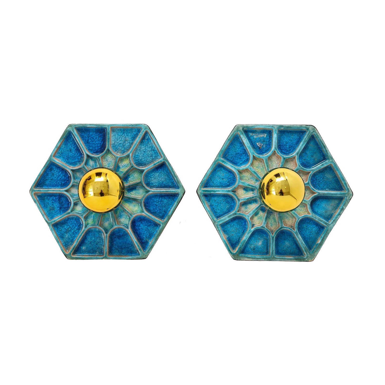 Pair of 1970s Scandinavian Hexagonal Blue Ceramic Wall Lights: 1970s Scandinavian vibrant blue and teal glazed ceramic hexagon shaped wall sconces, origin: Denmark. European sockets. 3.25" depth excluding bulb Condition: Alterations: Original Condition Unaltered 