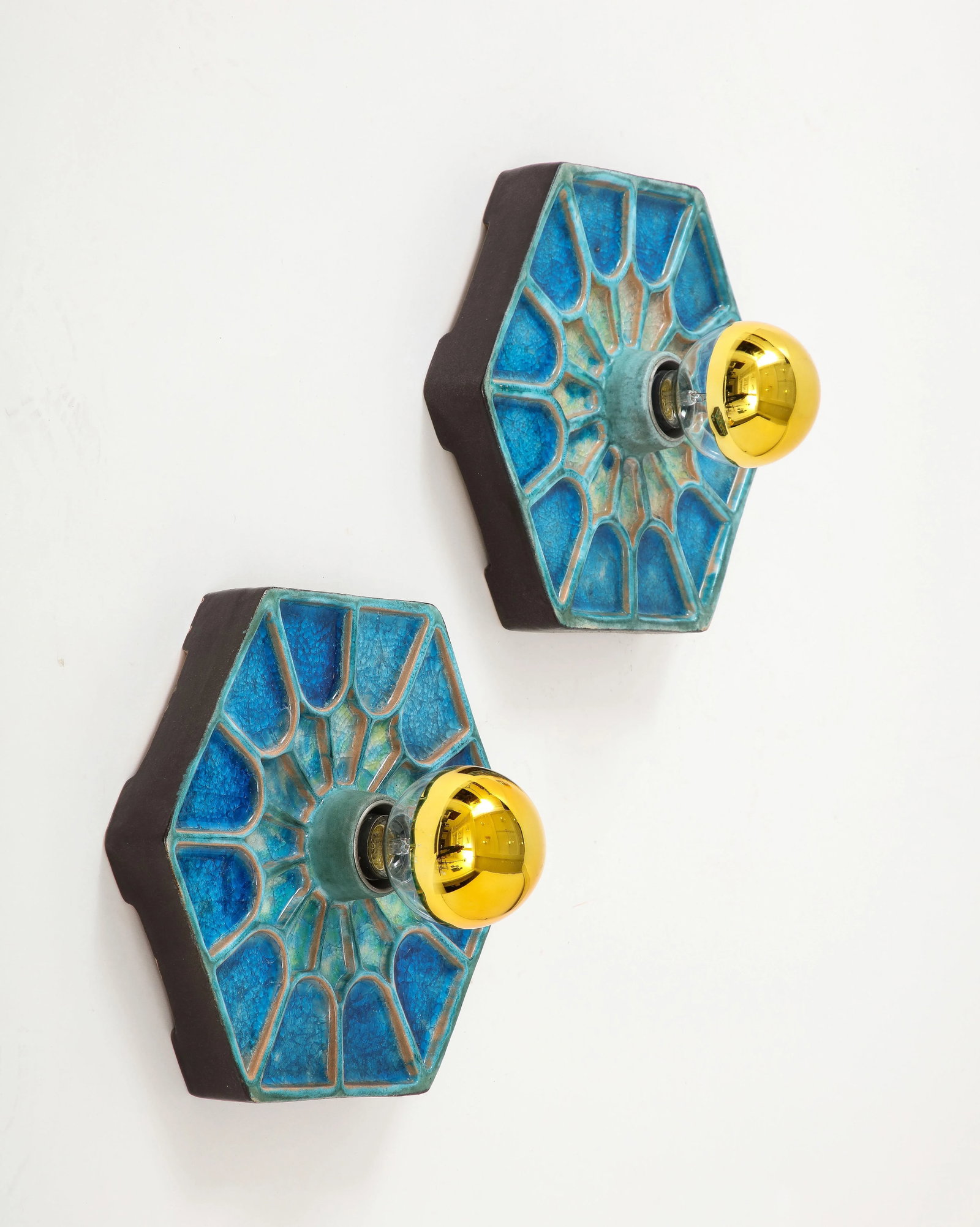 Pair of 1970s Scandinavian Hexagonal Blue Ceramic Wall Lights - 2