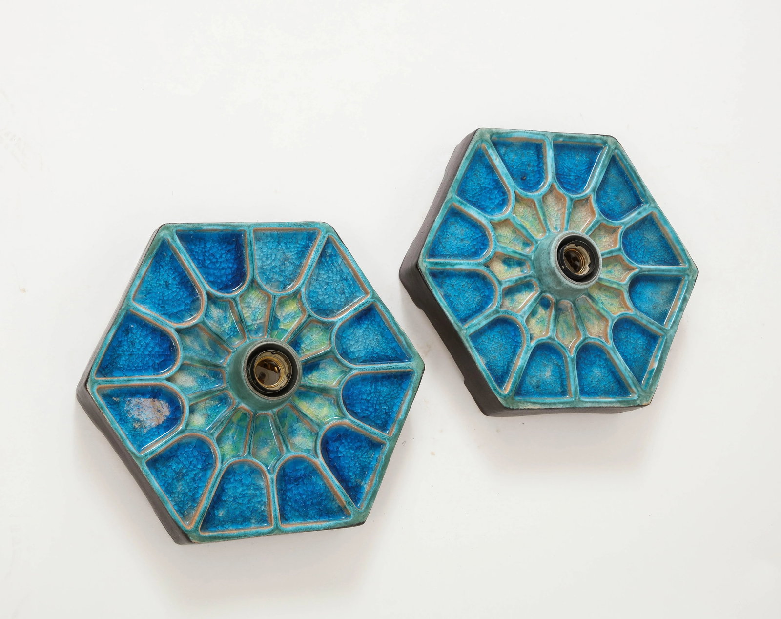 Pair of 1970s Scandinavian Hexagonal Blue Ceramic Wall Lights - 6