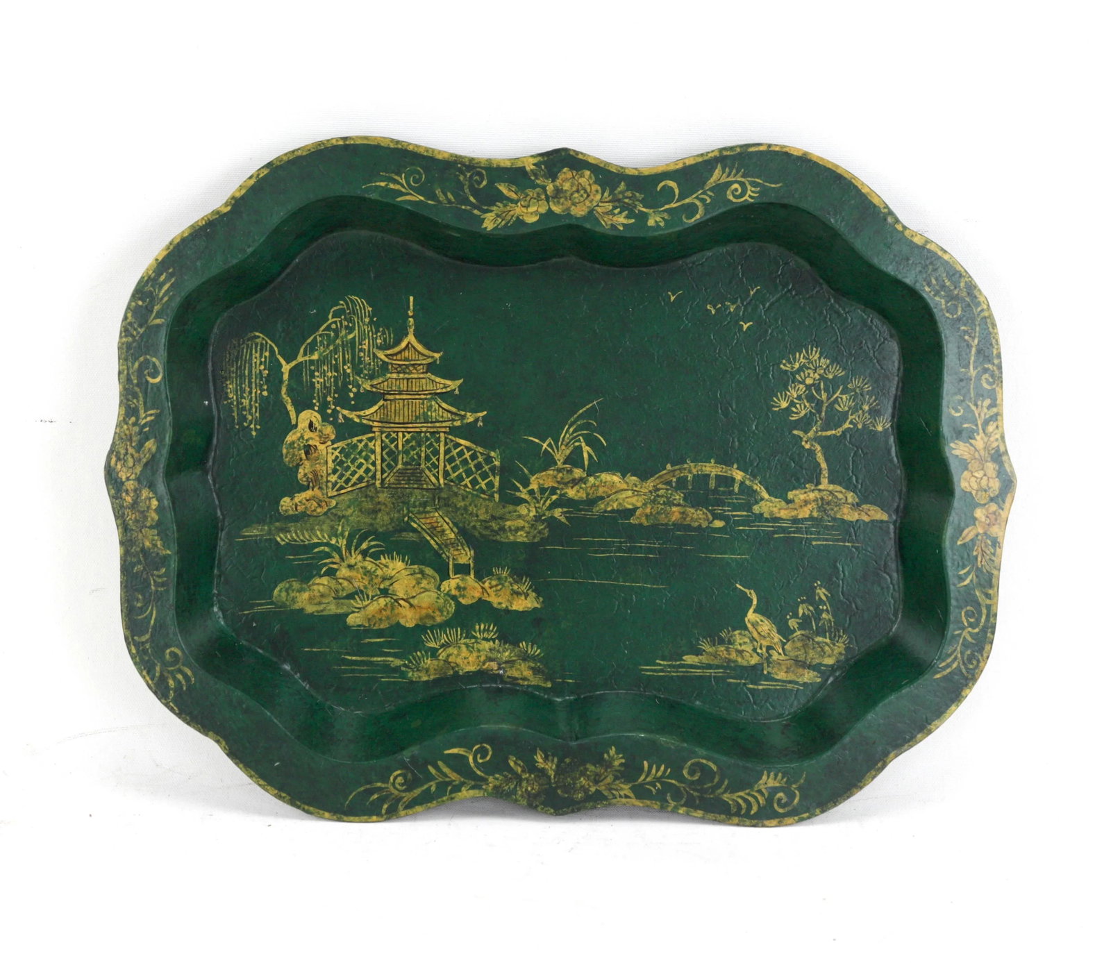Vintage Green Hand Painted Gold Chinoiseries Style Patterned Plate Tray - 10