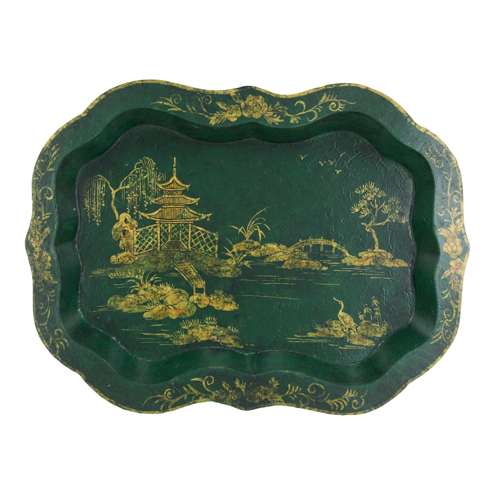 Vintage Green Hand Painted Gold Chinoiseries Style Patterned Plate Tray: Vintage Green Hand Painted Gold Chinoiseries Style Patterned Plate Tray Condition: Alterations: Original Condition Unaltered Imperfections: Some Imperfections Condition Notes: In excellent condition.