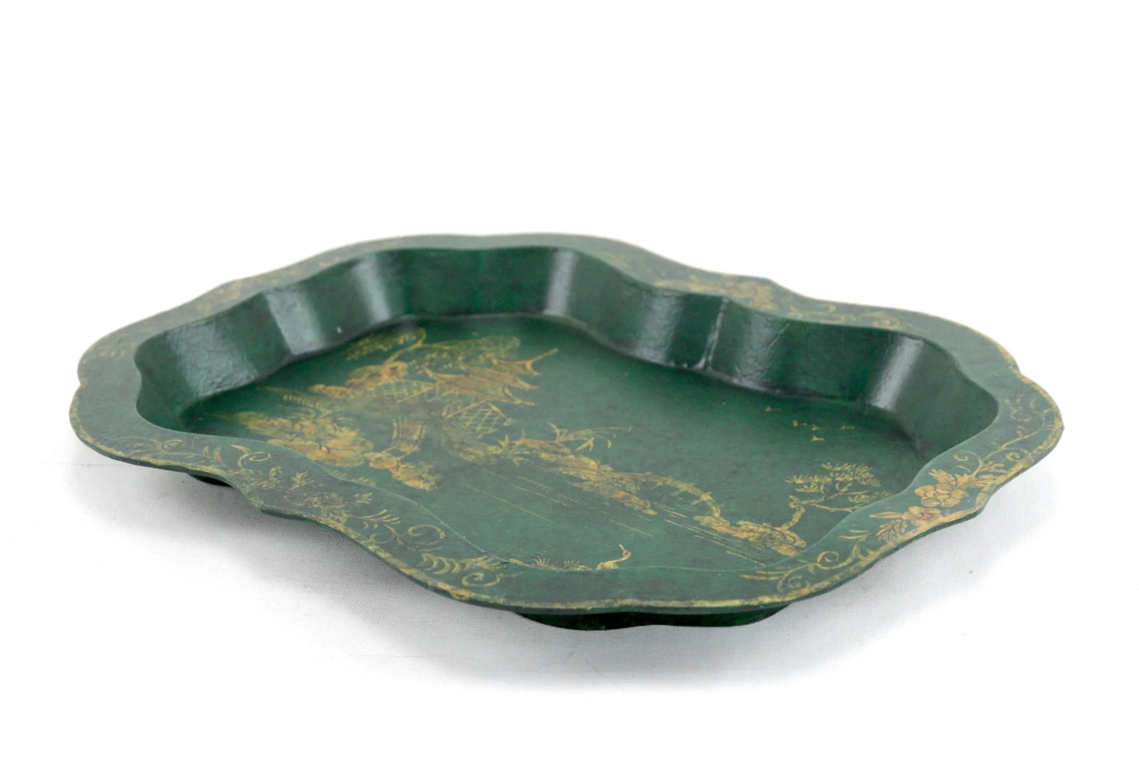 Vintage Green Hand Painted Gold Chinoiseries Style Patterned Plate Tray - 3