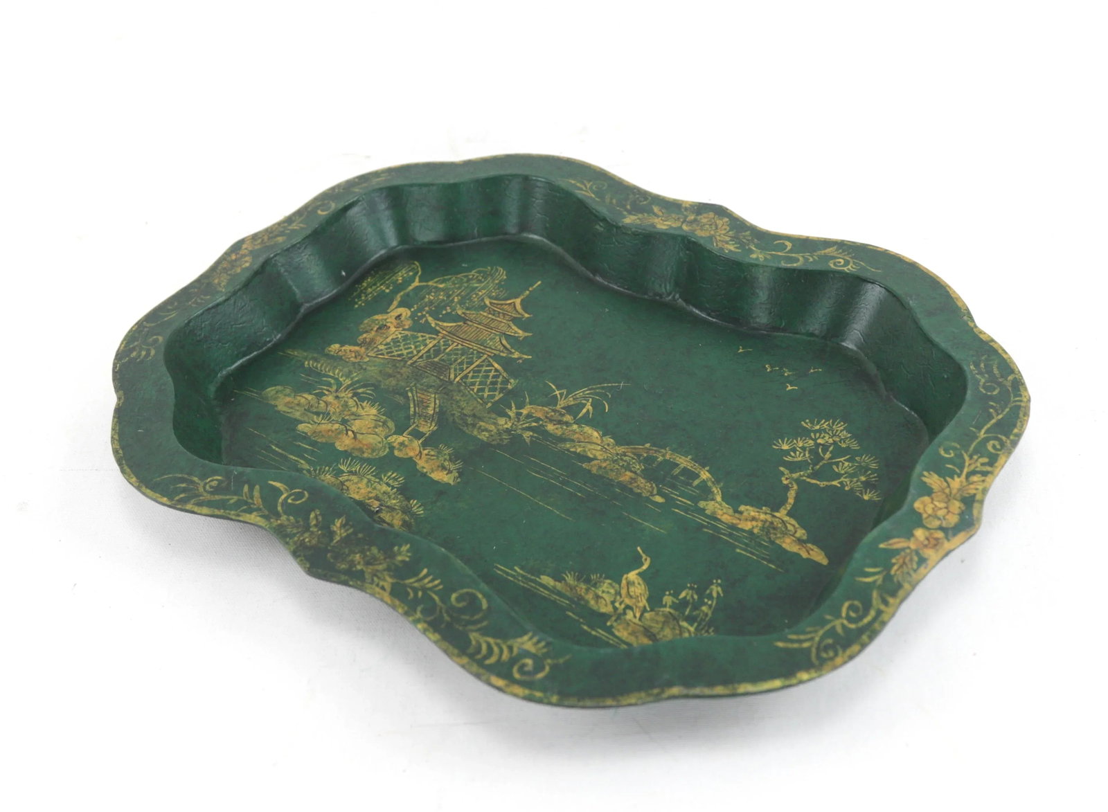 Vintage Green Hand Painted Gold Chinoiseries Style Patterned Plate Tray - 4