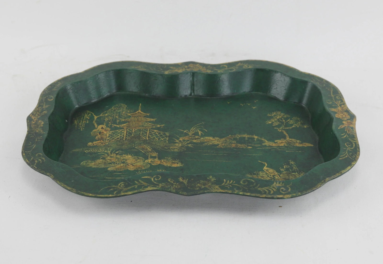 Vintage Green Hand Painted Gold Chinoiseries Style Patterned Plate Tray - 5