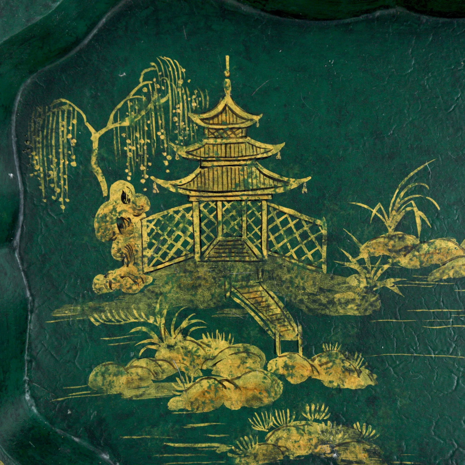 Vintage Green Hand Painted Gold Chinoiseries Style Patterned Plate Tray - 6