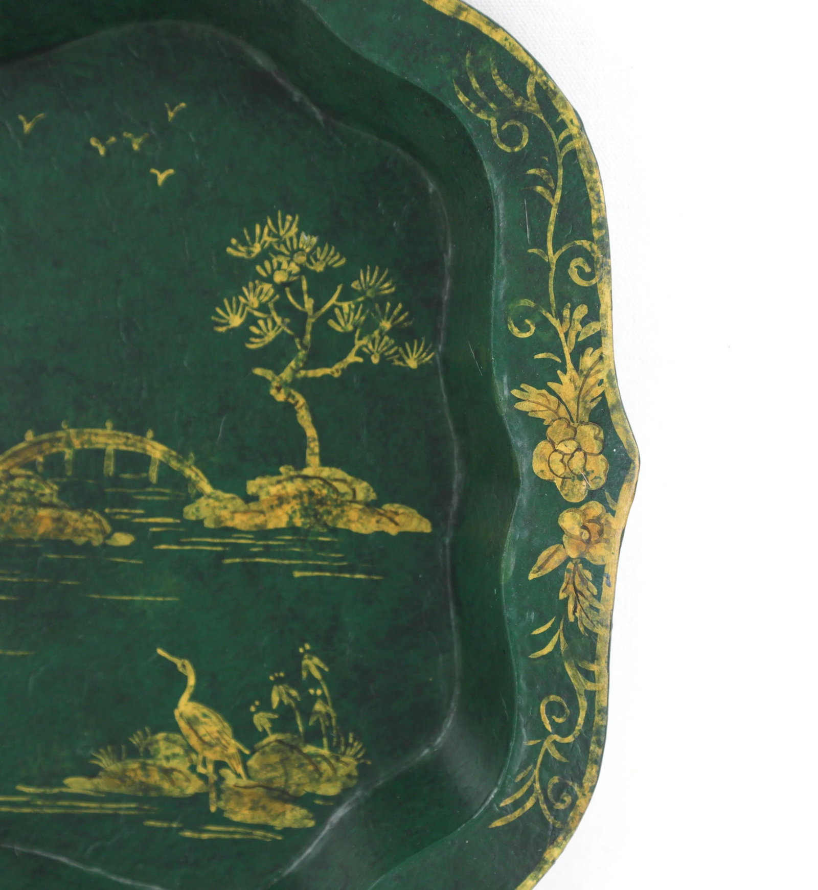 Vintage Green Hand Painted Gold Chinoiseries Style Patterned Plate Tray - 8