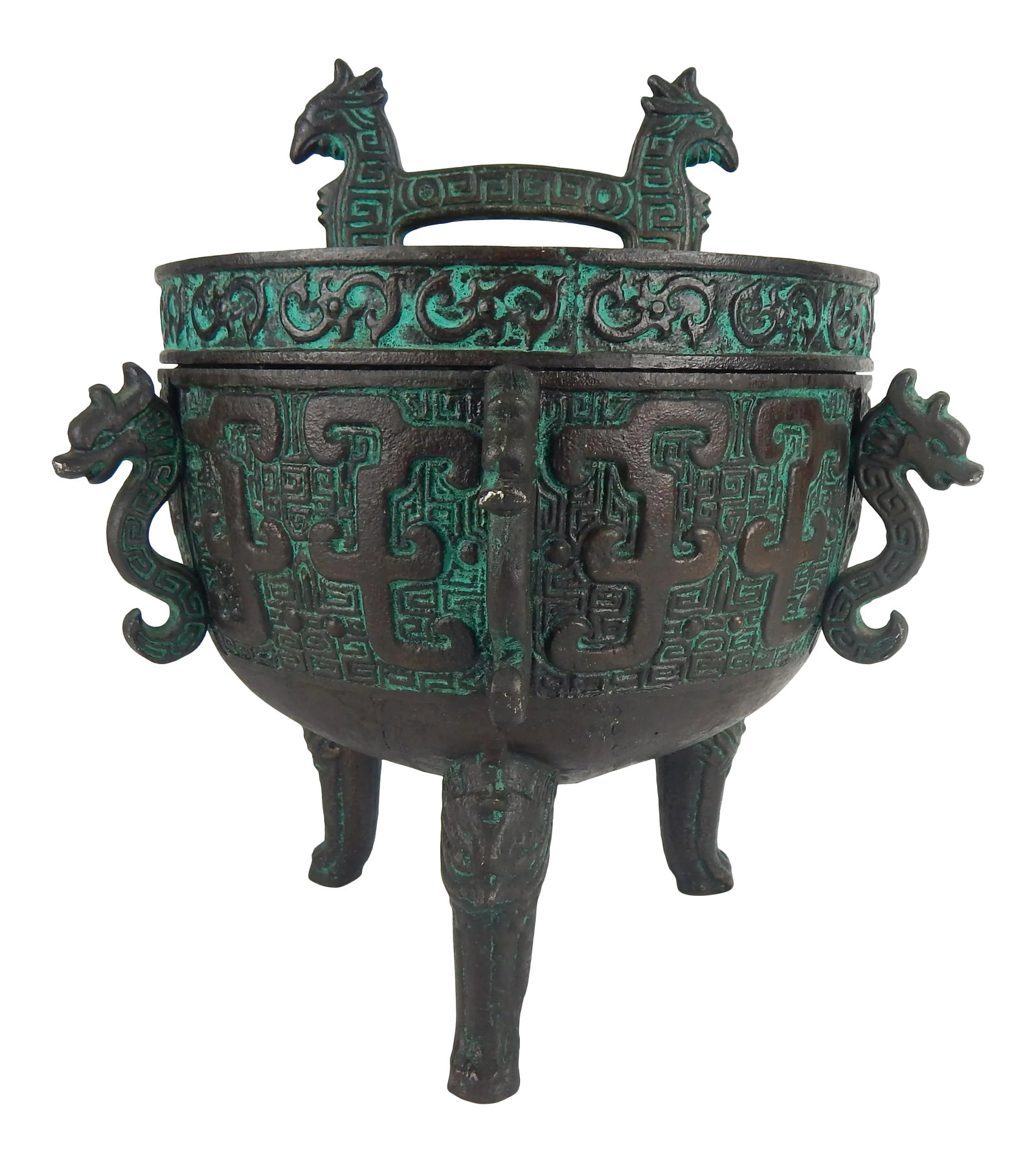 James Mont-Style Archaic Asian Inspired Midcentury Ice Bucket: Midcentury James Mont-Style faux-bronze 12" tall ice bucket. The archaic Chinese bronze-inspired design features raised black cast metal forms highlighted with aqua - green verdigris. The ice bucket
