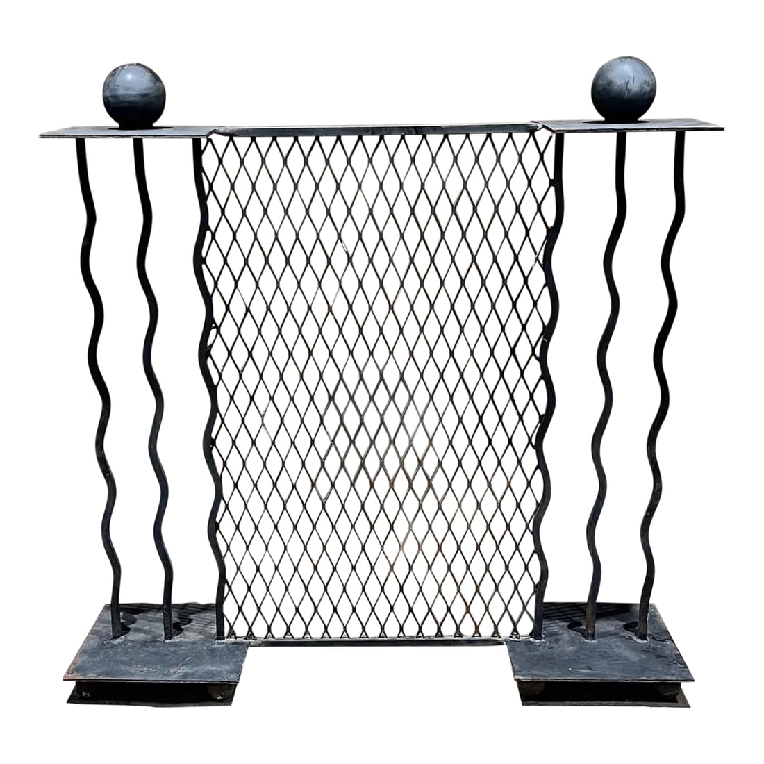 1980s Memphis Milano Squiggle Fireplace Screen Hand Forged Iron: AMBIANIC presents 1980s Memphis Milano Squiggle Fireplace Screen Hand Forged Iron Handmade hand forged Original vintage unrestored. Original paint is faded, has light rust in some spots, yet 95% accep