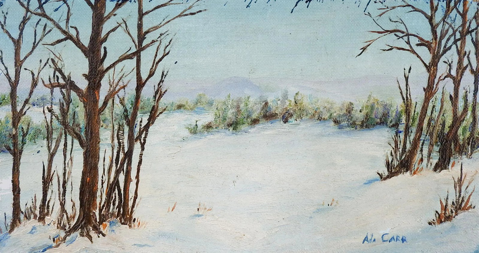 1960s Winter Landscape Painting: Small oil on canvas board of winter landscape. Signed Ada Carr lower right corner, signed, titled Winter and dated 1967 on verso. Unframed, edge wear. Condition: Alterations: Original Condition