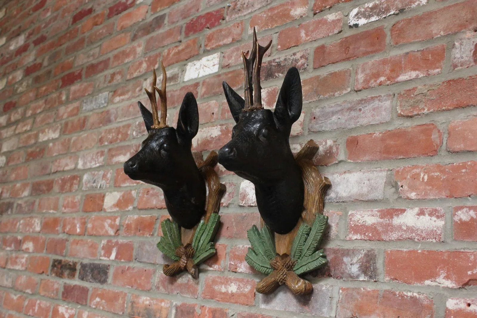 Pair of Vintage German Carved Black Forest Mounted Deer Wall Sculptures - 2
